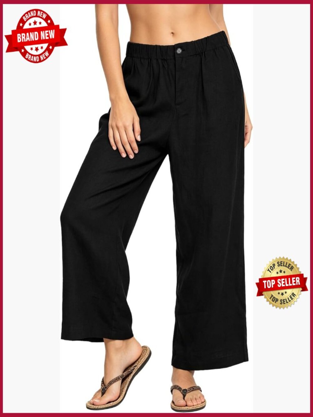 100% Linen Elastic High Waist Wide Leg Pants with Pockets